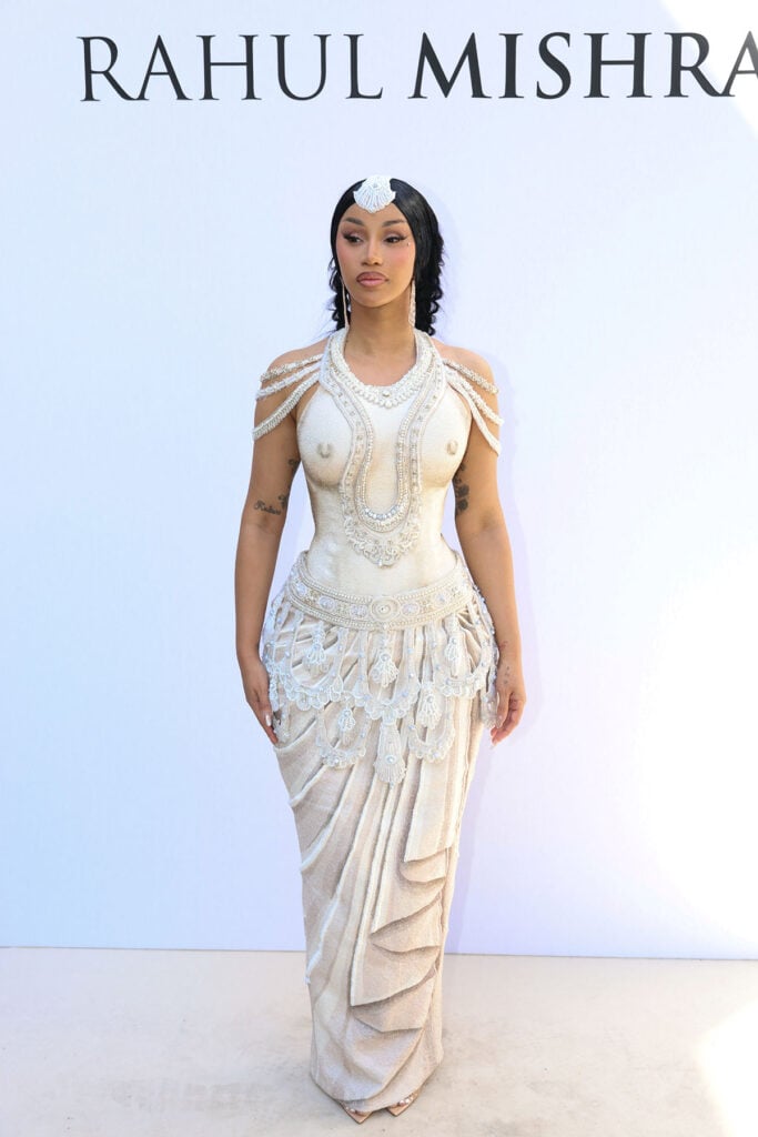 Cardi B wearing a custom Rahul Mishra Couture look at the Rahul Mishra Fall 2026 Couture show during Paris Haute Couture Fashion Week.