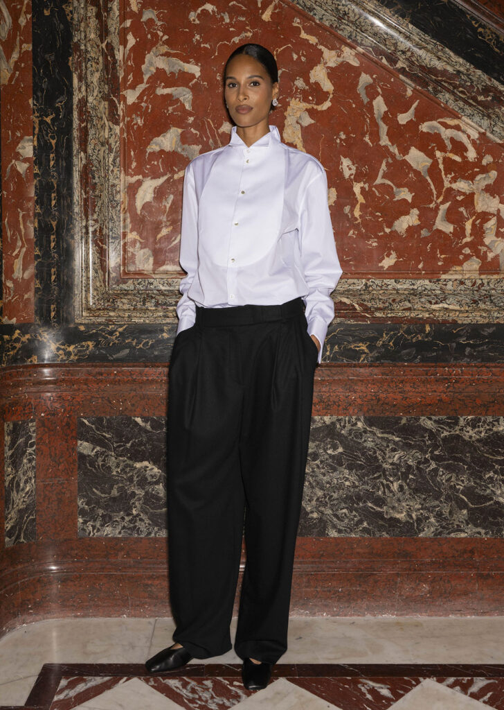 Cindy Bruna wears oversized Armani tailoring to the Armani Privé Fall 2026 show in Paris.