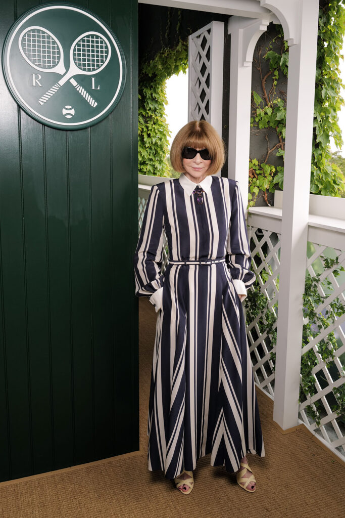 Dame Anna Wintour, wearing Ralph Lauren, attends the Ralph Lauren suite during The Championships, Wimbledon