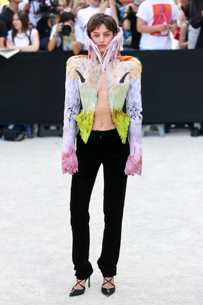 Emma Corrin wearing Schiaparelli Spring 2026 Haute Couture at the Schiaparelli Fall 2026 Haute Couture show during Paris Haute Couture Fashion Week.