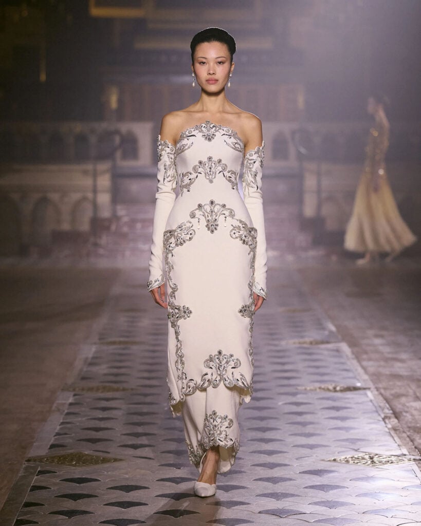 Georges Hobeika Fall 2026 Couture ivory embroidered gown on the Paris runway.