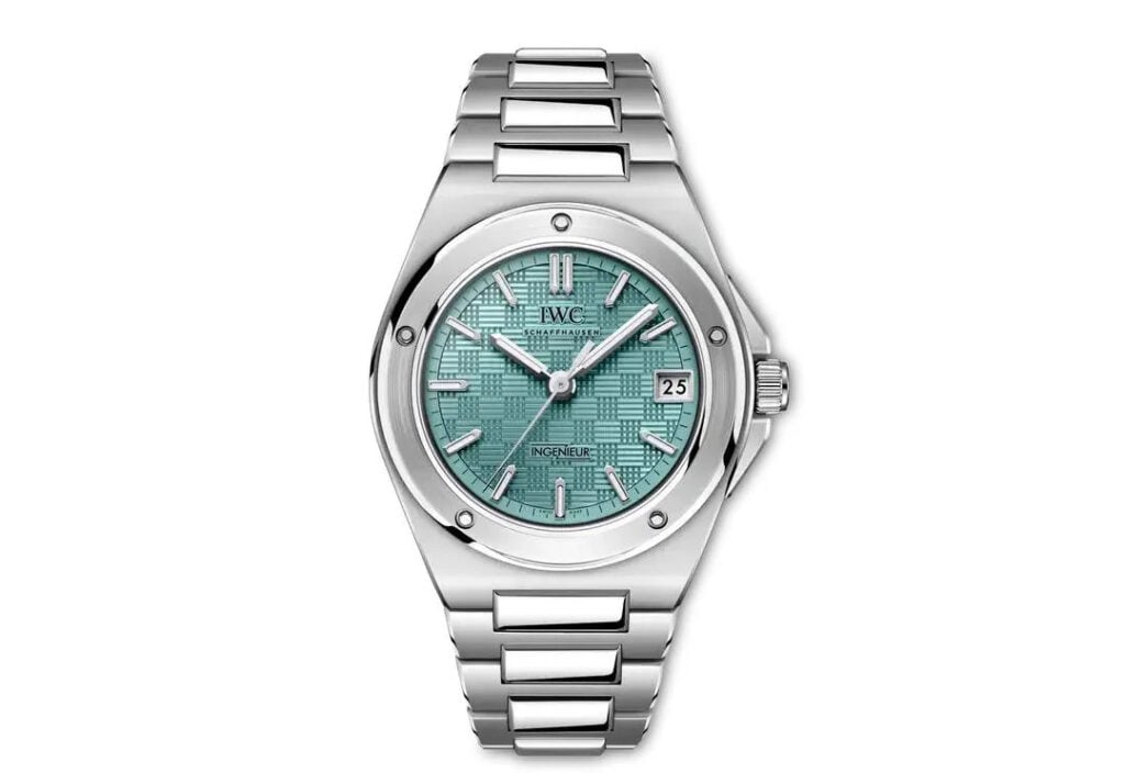 IWC Ingenieur Automatic 35 with the new Pool dial featuring the signature grid-pattern dial and integrated steel bracelet.