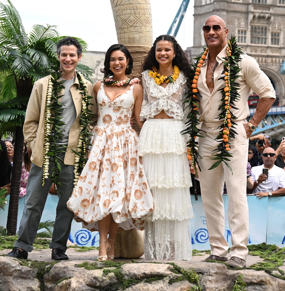 Thomas Kail, Auli'i Cravalho, Catherine Laga'aia and Dwayne Johnson attend the opening of Disney's Moana Experience at Potter's Field