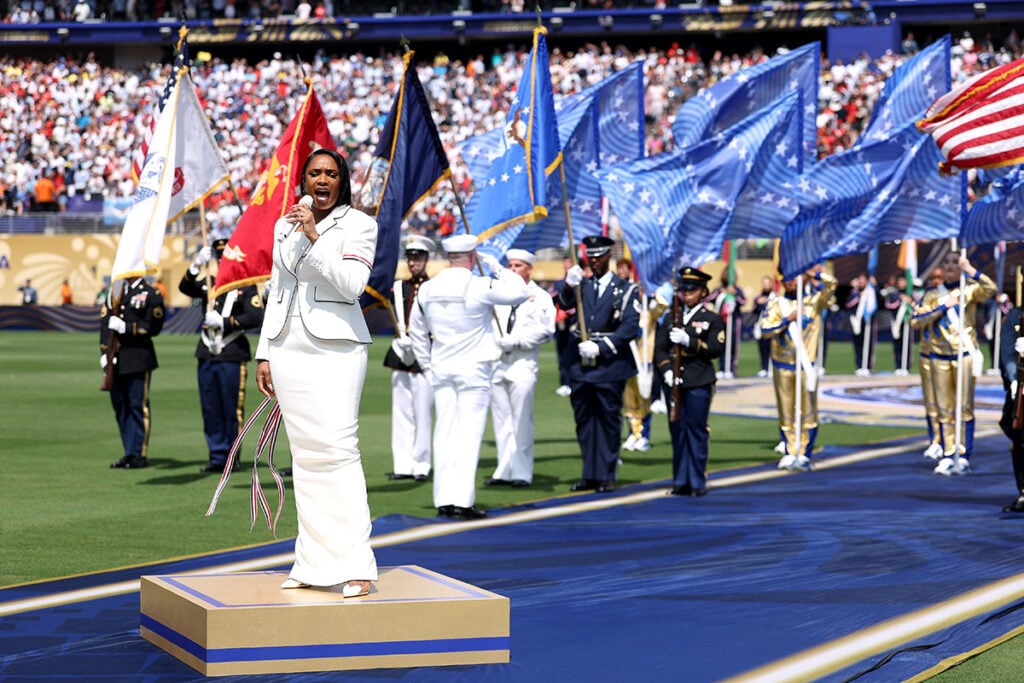 Jennifer Hudson performs the U.S. national anthem before the FIFA World Cup 2026 Final match between Spain and Argentina