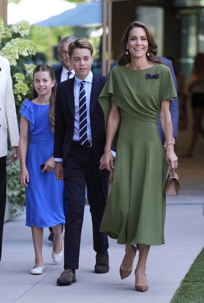 Kate Middleton wearing a custom Emilia Wickstead green dress at the Wimbledon men's singles final in London.
