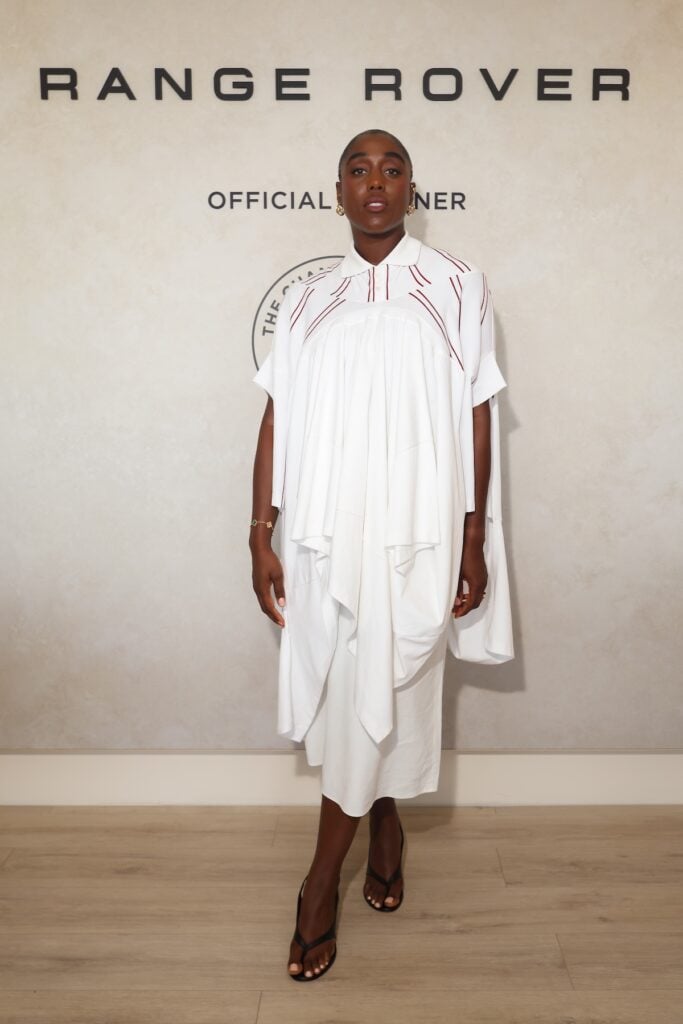 Lashana Lynch wearing Torishéju Spring 2026 at Day 13 of Wimbledon 2026 in London.