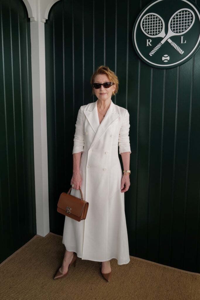 Lesley Manville, wearing Ralph Lauren, attends the Ralph Lauren Suite during The Championships, Wimbledon 
