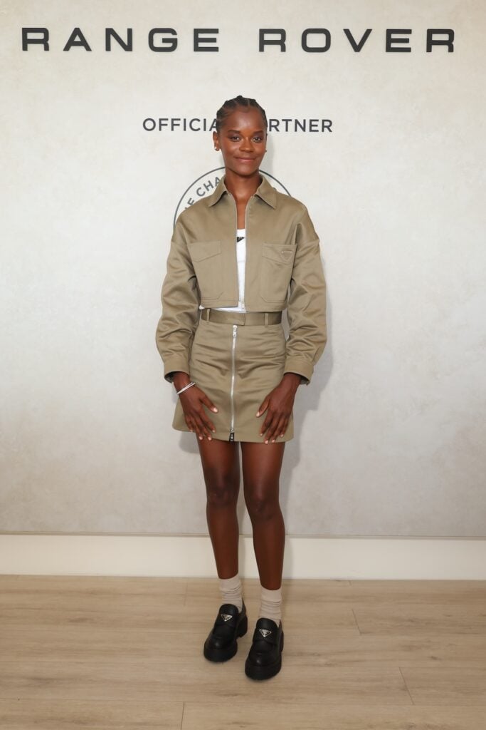 Letitia Wright wearing Prada at the Wimbledon 2026 men's final.