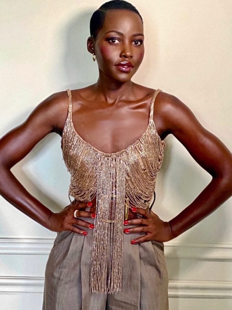 Lupita Nyong'o showcases her Elie Saab Spring 2026 outfit with refined styling during The Odyssey press tour in New York.