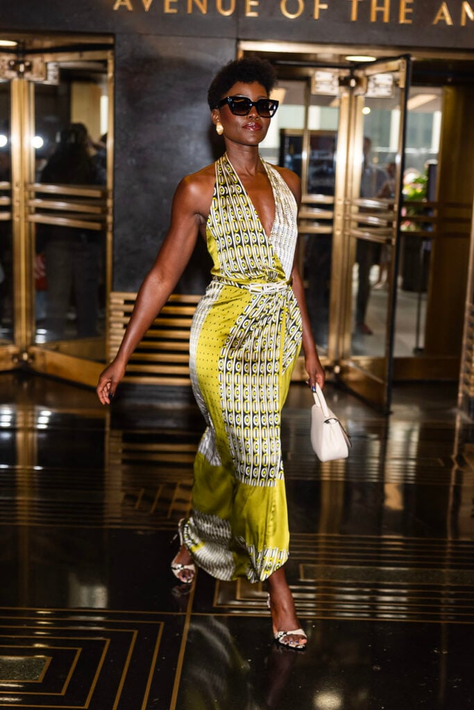Lupita Nyong'o arrives at NBC Studios in New York wearing a printed Silvia Tcherassi Gypsy dress.