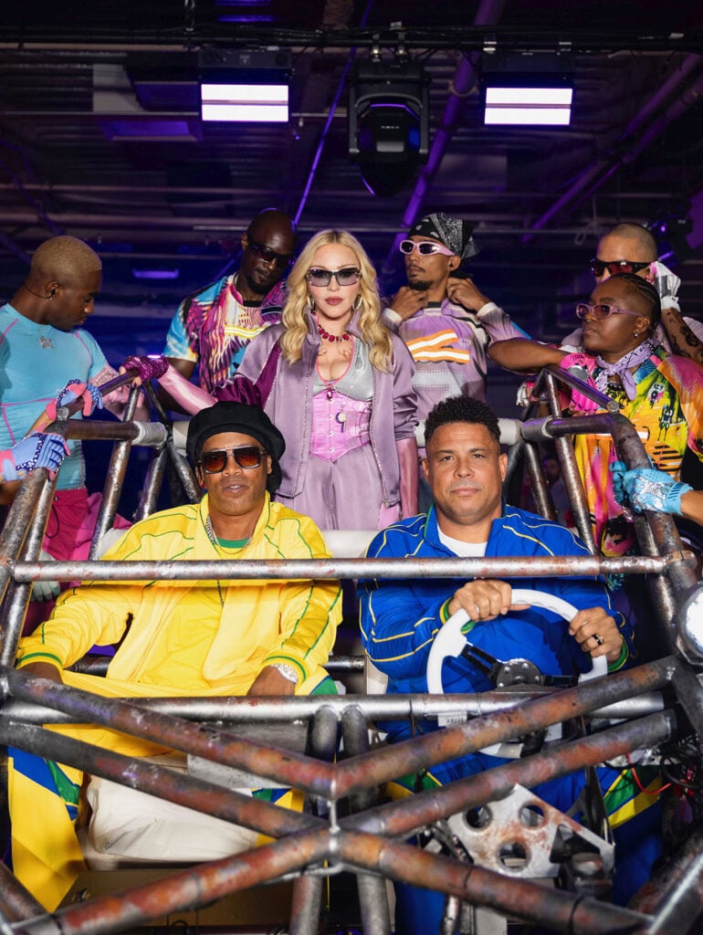 Madonna performs alongside Ronaldinho and Ronaldo during the FIFA World Cup 2026 half time show