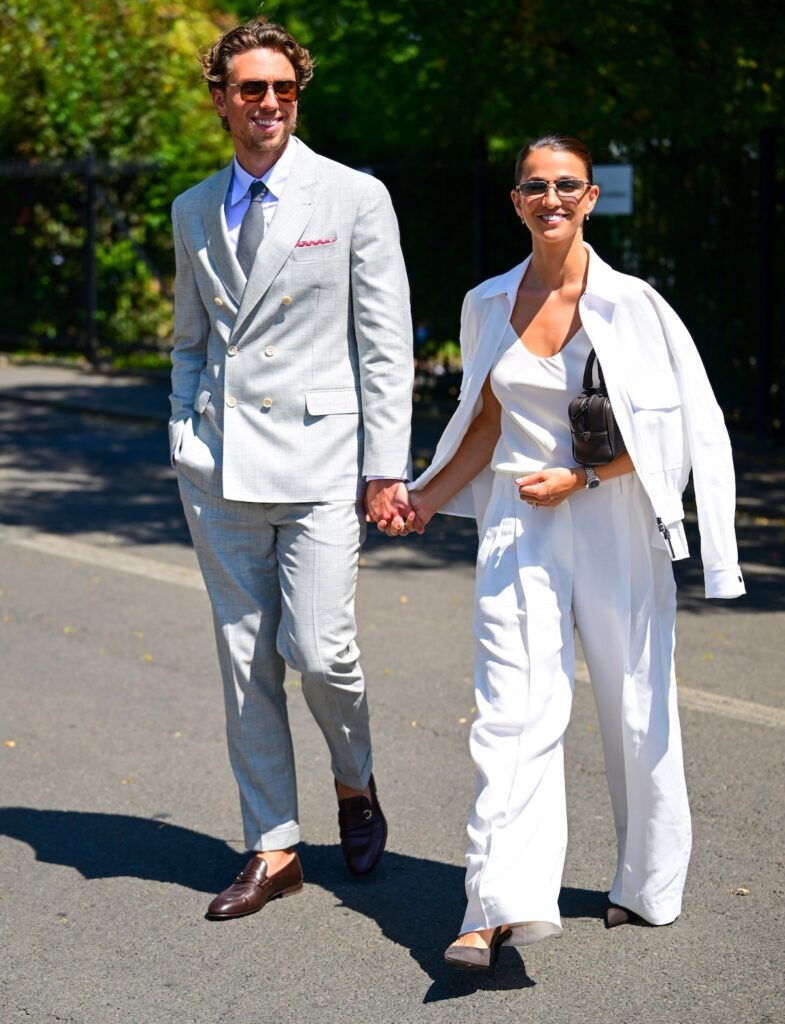 Jamie Bogyo and Marisa Abela wearing Brunello Cucinelli at the Wimbledon 2026 men's final.