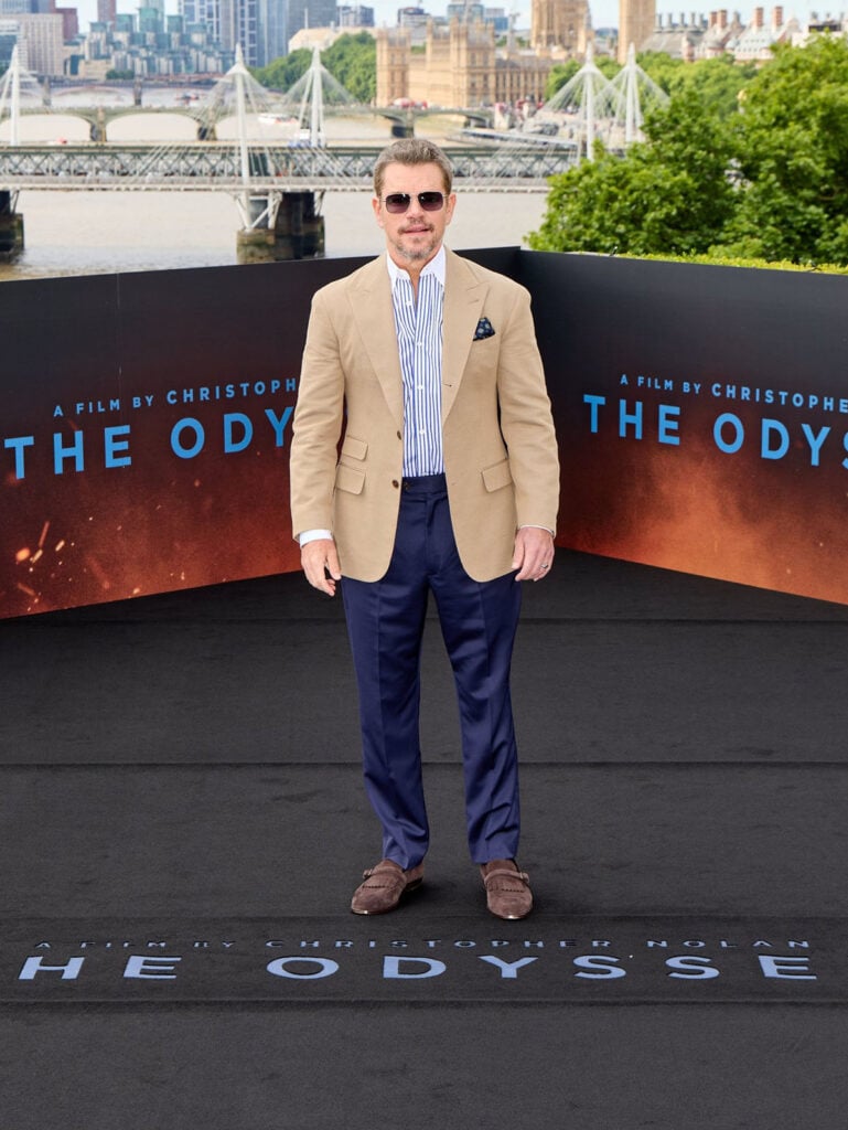 Matt Damon wears dunhill Resort 2026 at The Odyssey London photocall at IET London: Savoy Place.