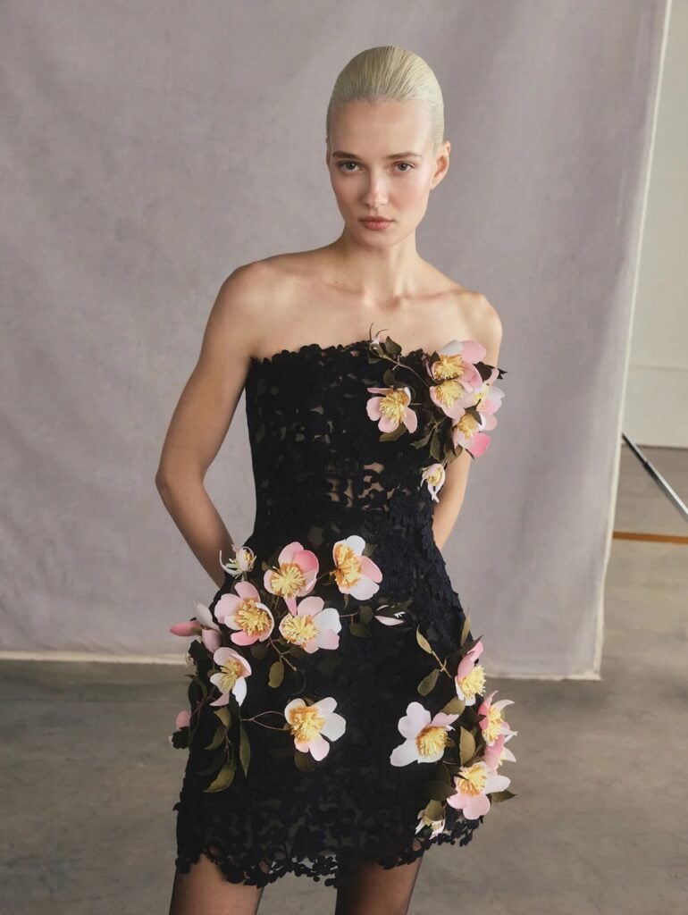 Oscar de la Renta Fall 2026 runway look that inspired Selena Gomez's custom rehearsal dinner gown.