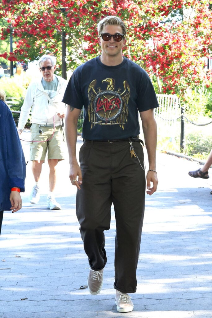 Paul Anthony Kelly unveiled blond hair while arriving on the American Horror Story Season 13 set in New York City.