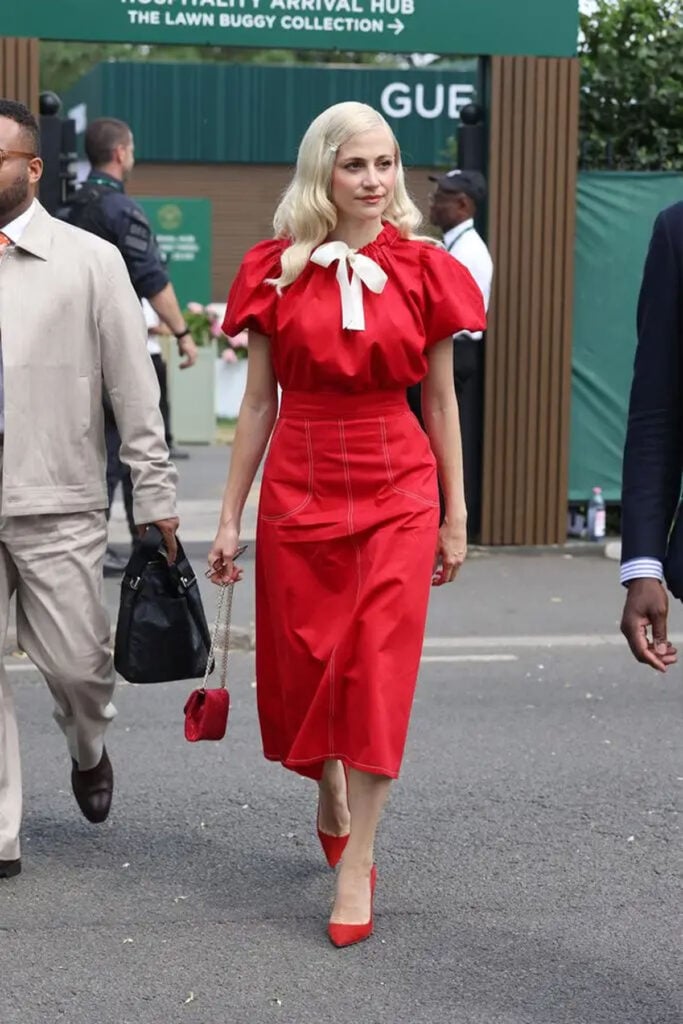 Pixie Lott wearing Phillippa London at Day 13 of Wimbledon 2026 in London.