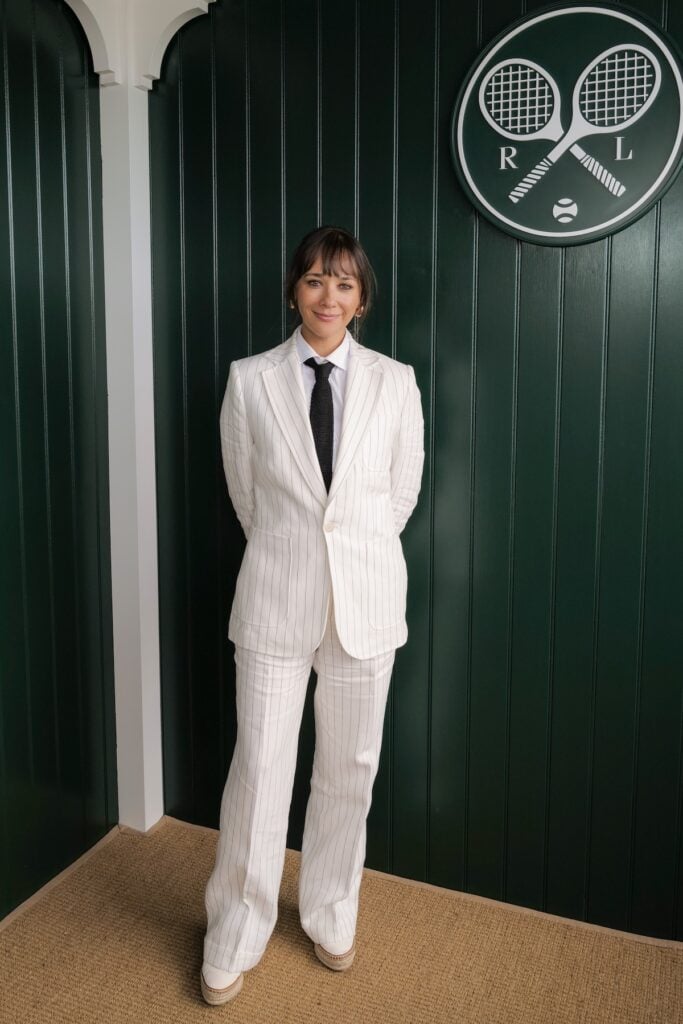 Rashida Jones, wearing Ralph Lauren, attends the Ralph Lauren Suite during The Championships, Wimbledon