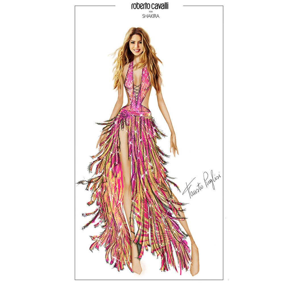 Fausto Puglisi's sketch of Shakira's custom Roberto Cavalli FIFA World Cup Final halftime show costume.