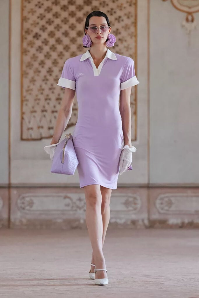 A model presents a lilac polo dress from the Rowen Rose Spring 2027 collection on the Paris runway.