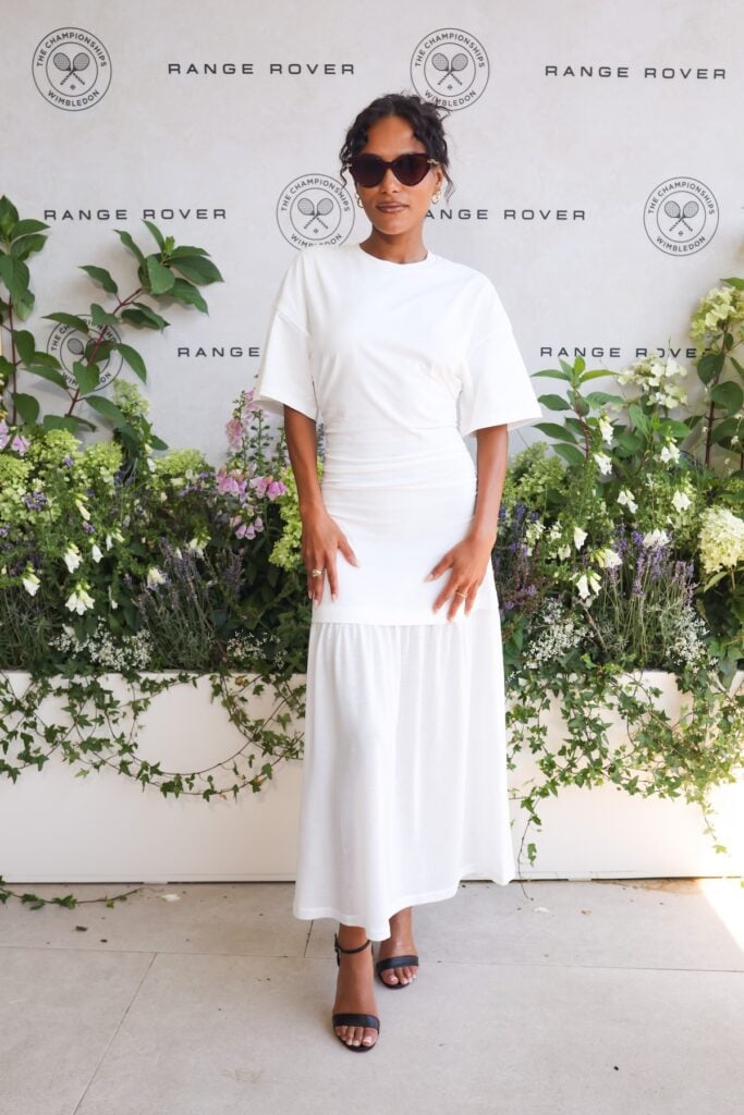 Saffron Hocking wearing the AKYN Briar dress at Day 13 of Wimbledon 2026 in London.