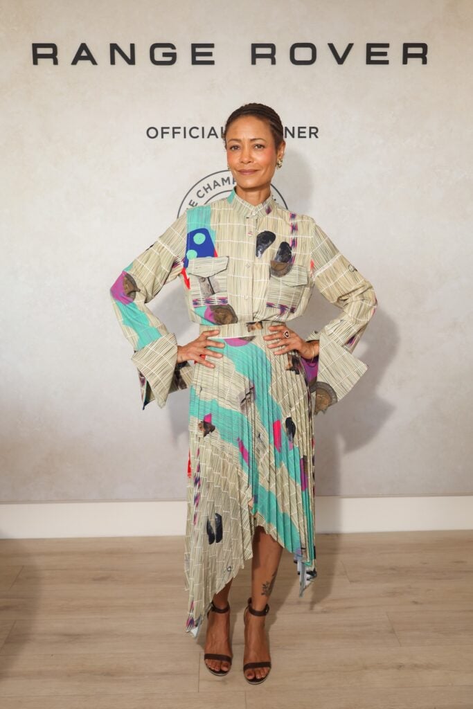 Thandiwe Newton wearing Thebe Magugu Fall 2021 at Day 13 of Wimbledon 2026 in London.