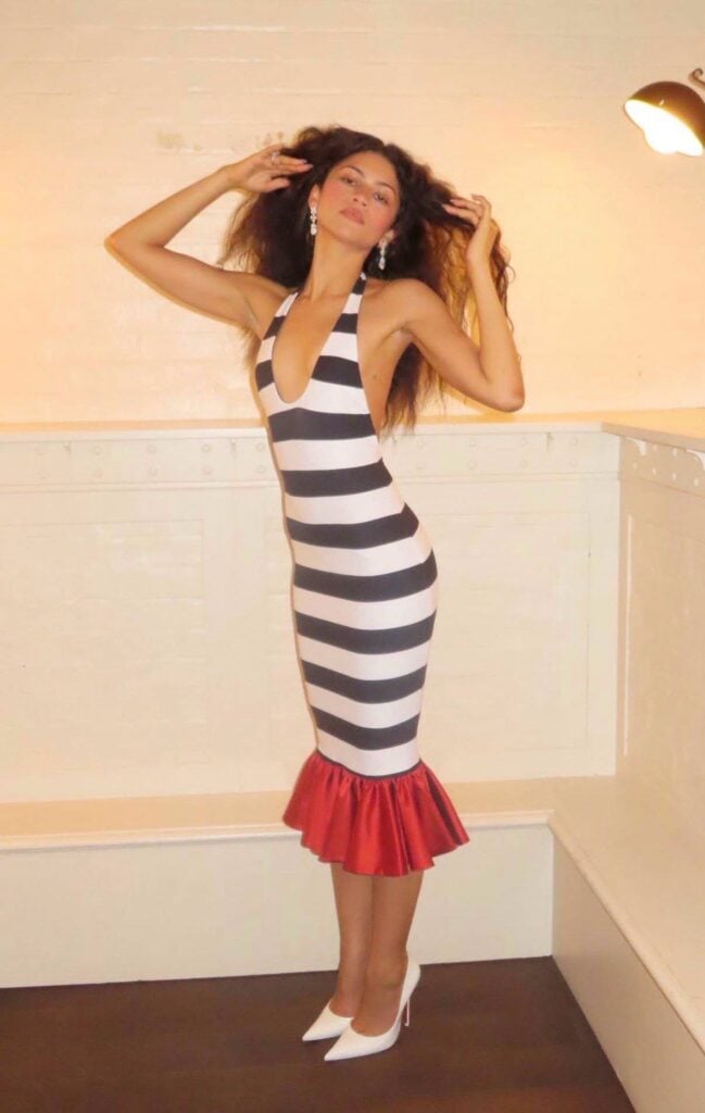 Zendaya wearing a custom LaQuan Smith striped dress at the Spider-Man: Brand New Day London after-party.
