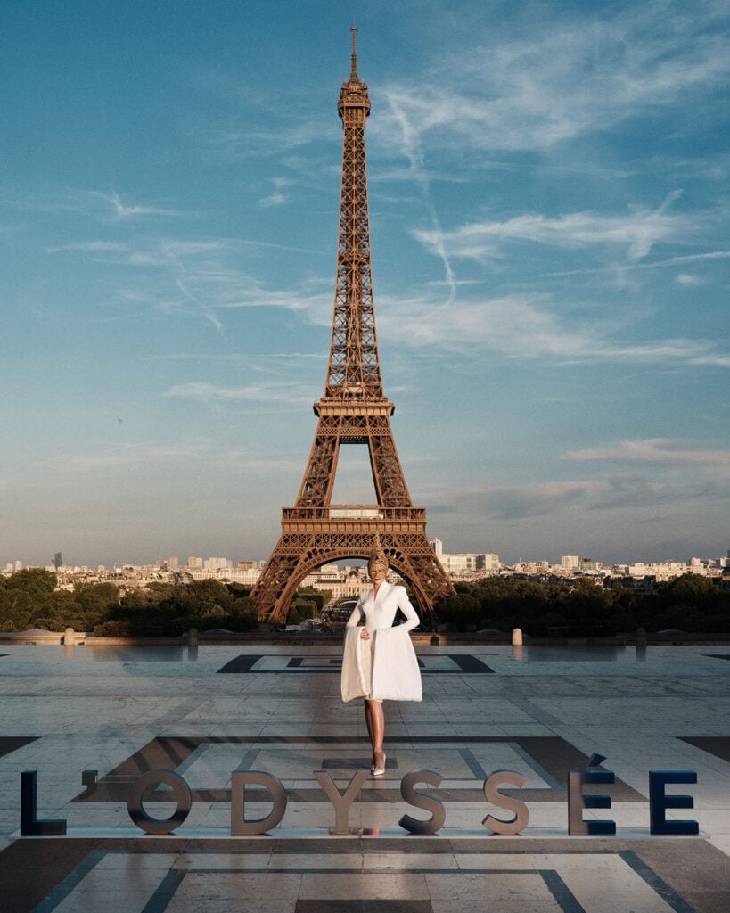 Full-length view of Zendaya in Givenchy Spring 1997 Haute Couture at The Odyssey Paris photocall.