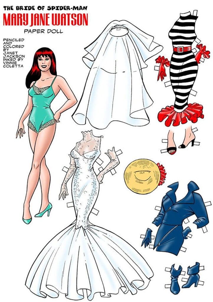 1987 Marvel paper doll illustration of Mary Jane Watson that inspired Zendaya's custom LaQuan Smith after-party dress.