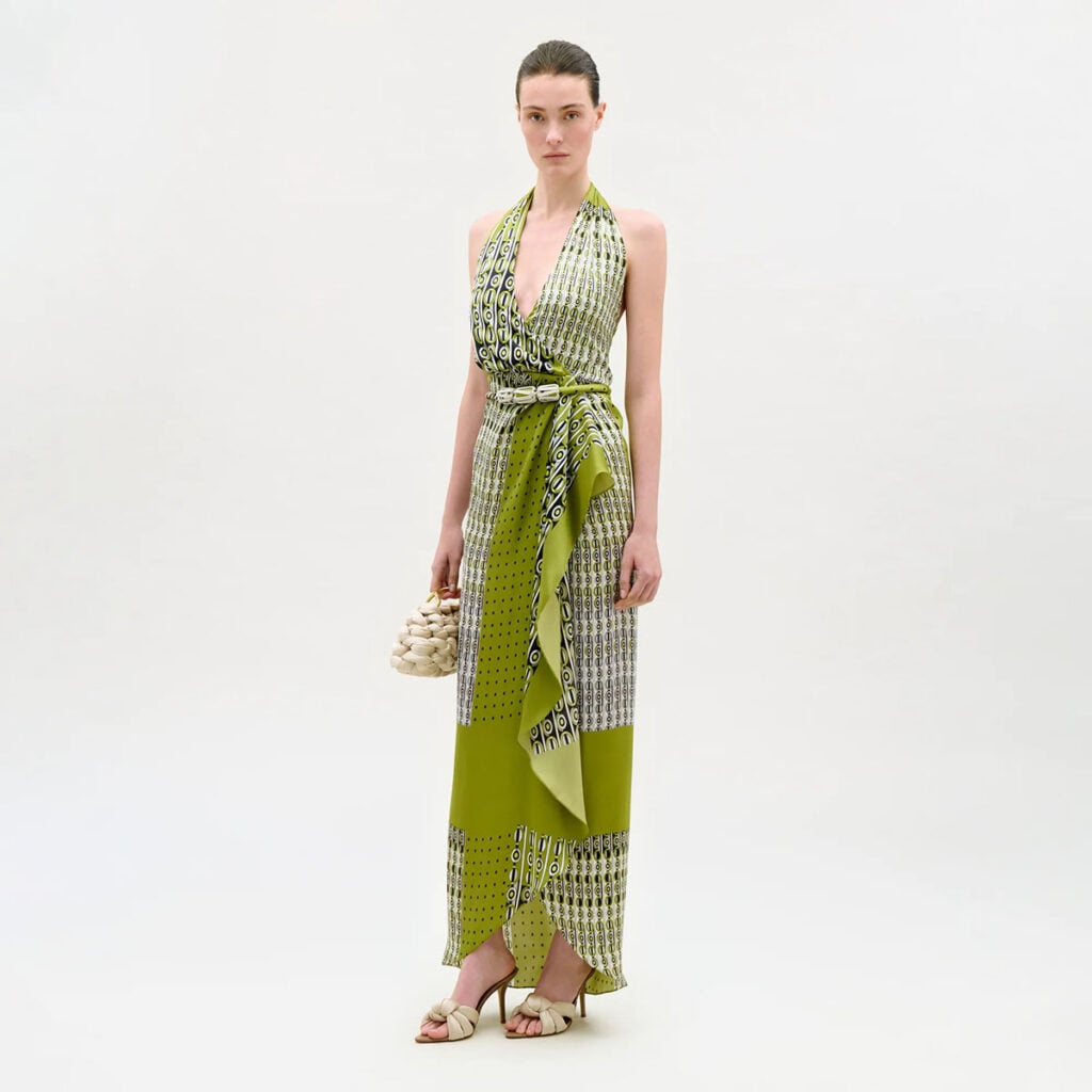Silvia Tcherassi Gypsy dress featuring a chartreuse, olive and ivory geometric print.
