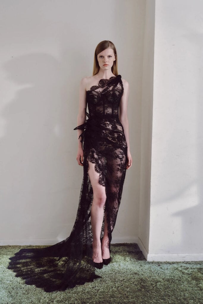 Monse Resort 2027 lookbook reference featuring the black asymmetrical lace dress worn by Jordana Brewster in Los Angeles.