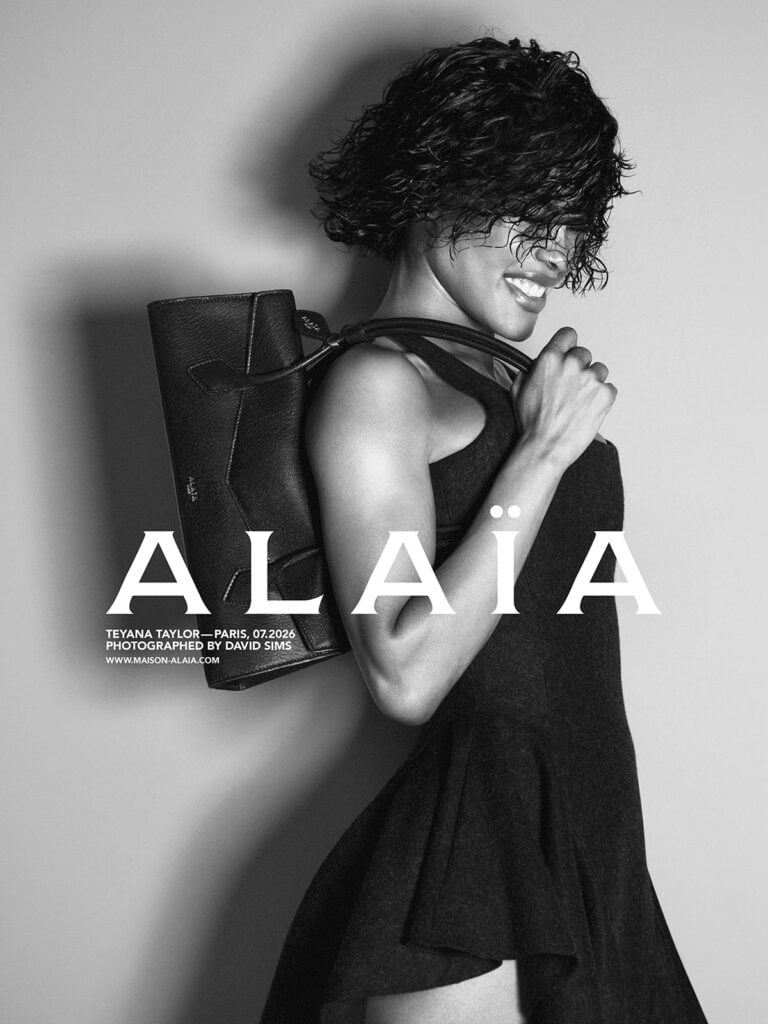 Teyana Taylor carries an Alaïa Le Teckel bag with a sculpted black mini dress in the house’s 2026 campaign.