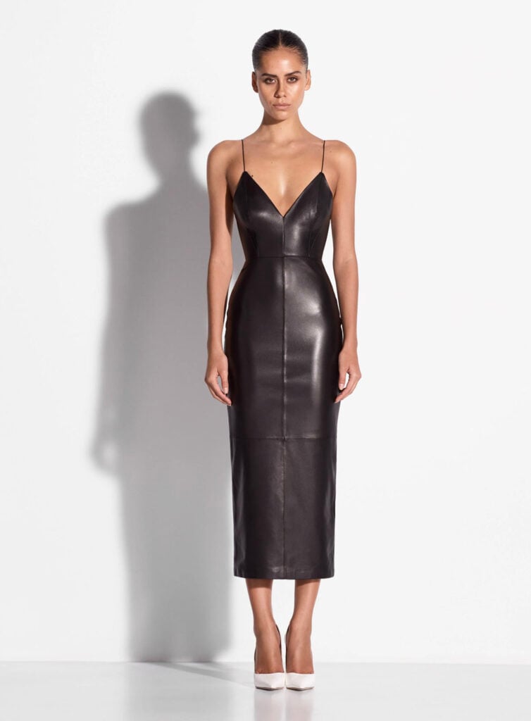Alex Perry black leather midi dress featuring a plunging neckline and slim spaghetti straps.