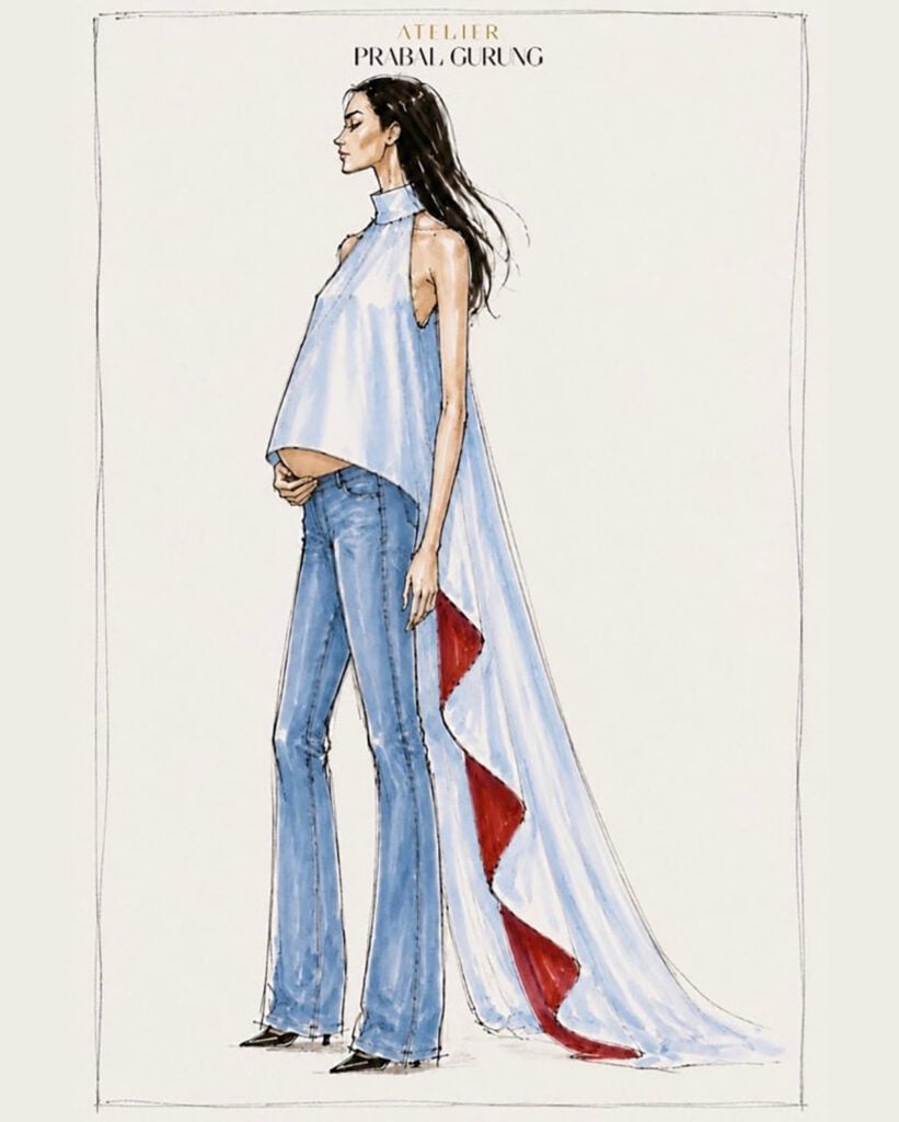 Atelier Prabal Gurung sketch of Anne Hathaway’s custom celestial-blue halter top with a cascading train and jeans.