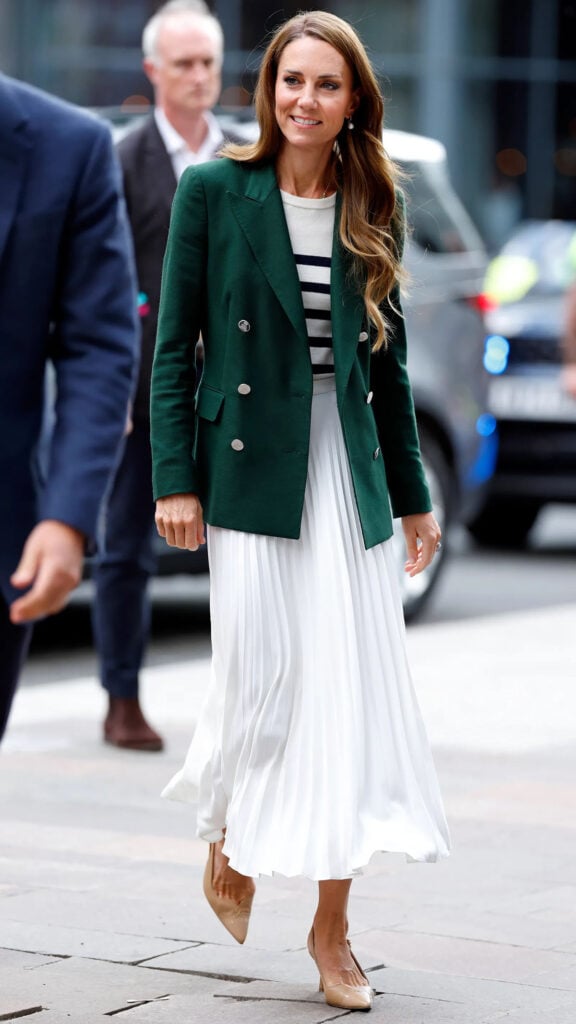 Catherine, Princess of Wales wears Ralph Lauren Collection while visiting Team Wales at The Hydro during the Glasgow 2026 Commonwealth Games.