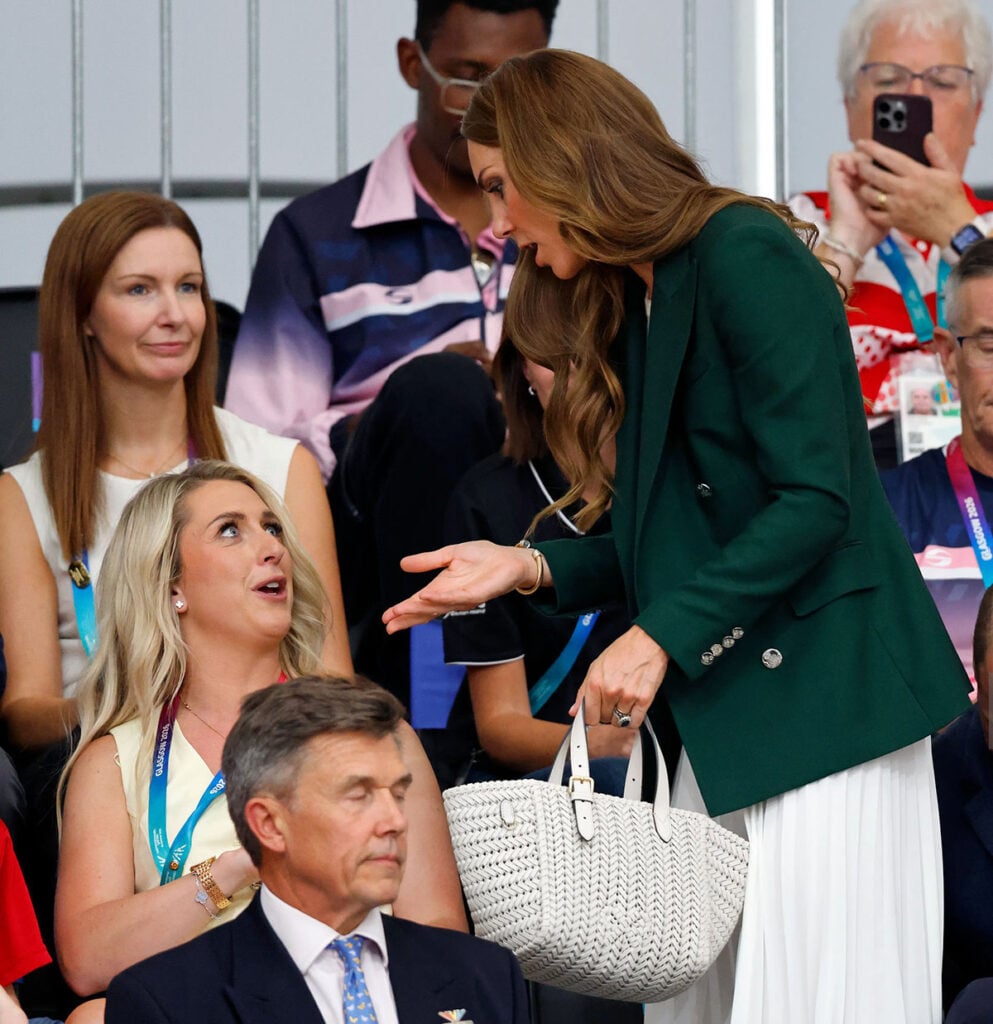 Catherine, Princess of Wales carries the Anya Hindmarch Neeson Small Square Tote with her Ralph Lauren look at the Glasgow 2026 Commonwealth Games.