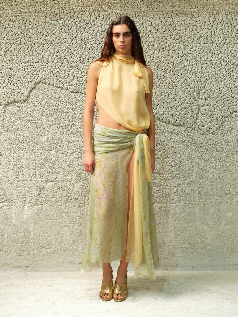 Siedrés Dalia dress reference featuring the yellow draped top and sheer green skirt worn by Madelyn Cline in Los Angeles.