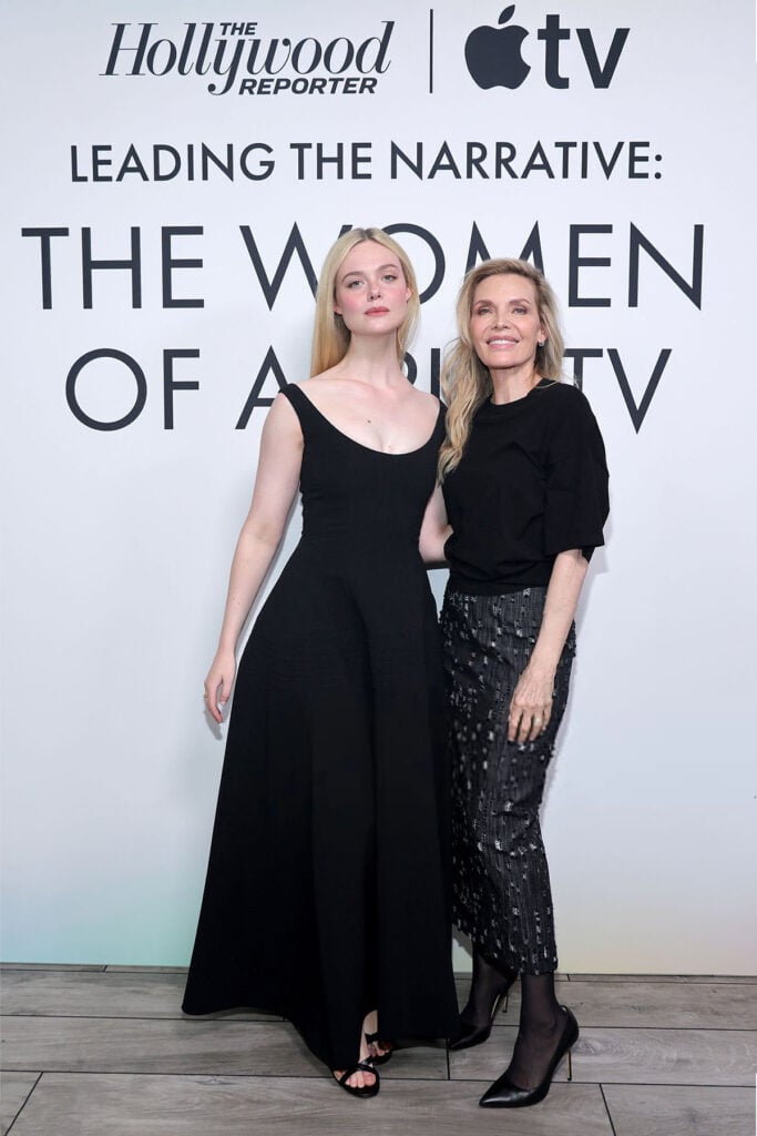 Elle Fanning wears a black Fforme Resort 2027 gown to 'Leading the Narrative: The Women of Apple TV' at Spago in Beverly Hills.
Michelle Pfeiffer wears Michael Kors with a sequinned pencil skirt to 'Leading the Narrative: The Women of Apple TV' at Spago.