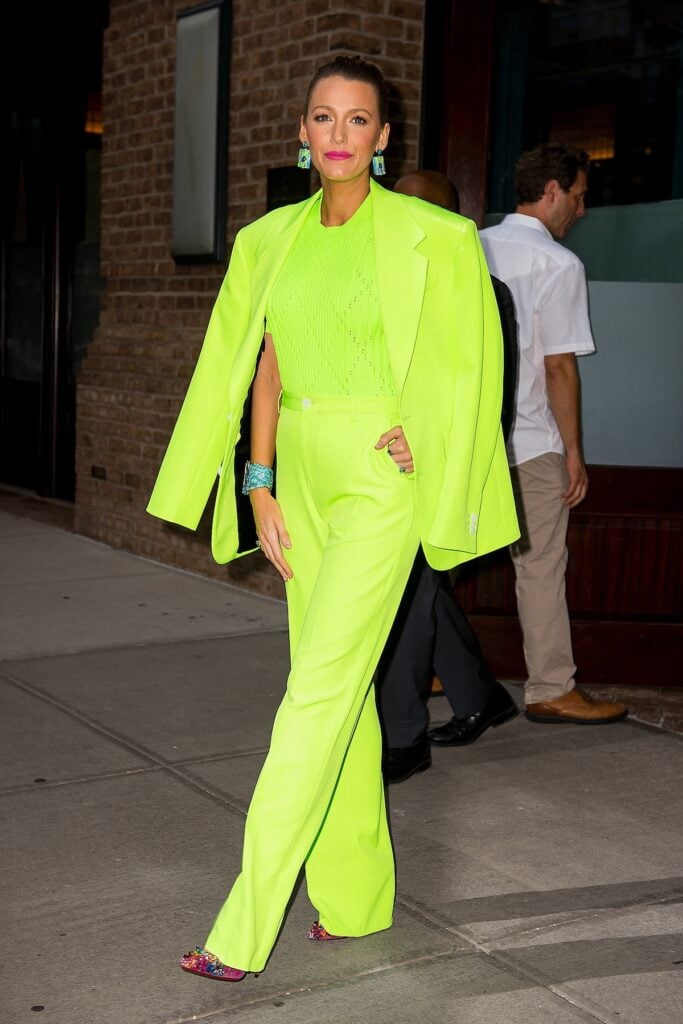 Blake Lively in versace suit promoting 'A Simple Favor' in New York