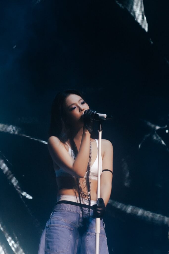 Jennie performing at Summer Sonic Festival in custom Calvin Klein Collection denim and white underwear.