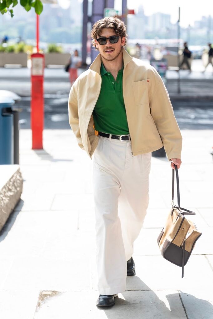 Jack Innanen wears LOEWE with an Amazona 180 bag during 'Adults' Season 2 press in New York.
