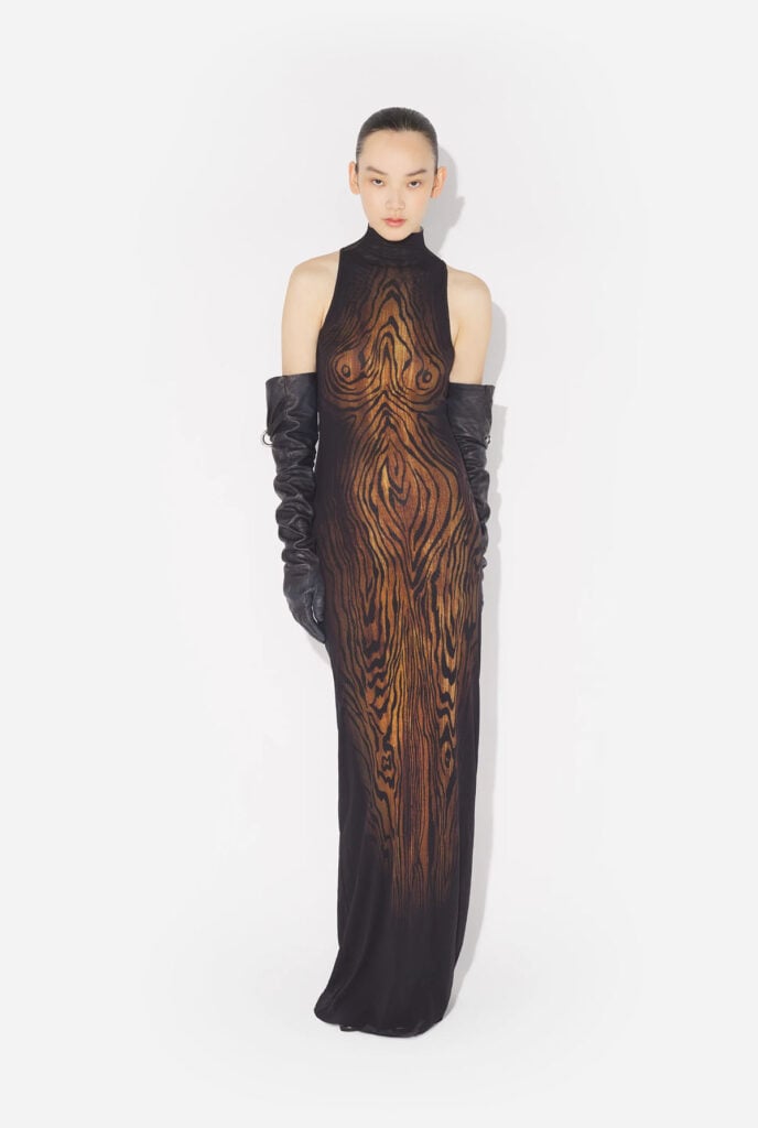 Jean Paul Gaultier illusion dress from the designer's collection featuring the signature wood-grain body motif.