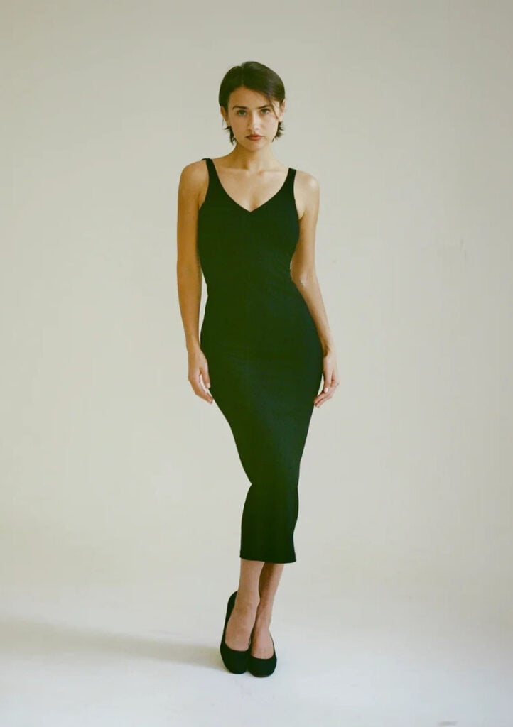 Yana Matkivski Donna black pencil dress with a fitted bodysuit construction worn by Kaia Gerber