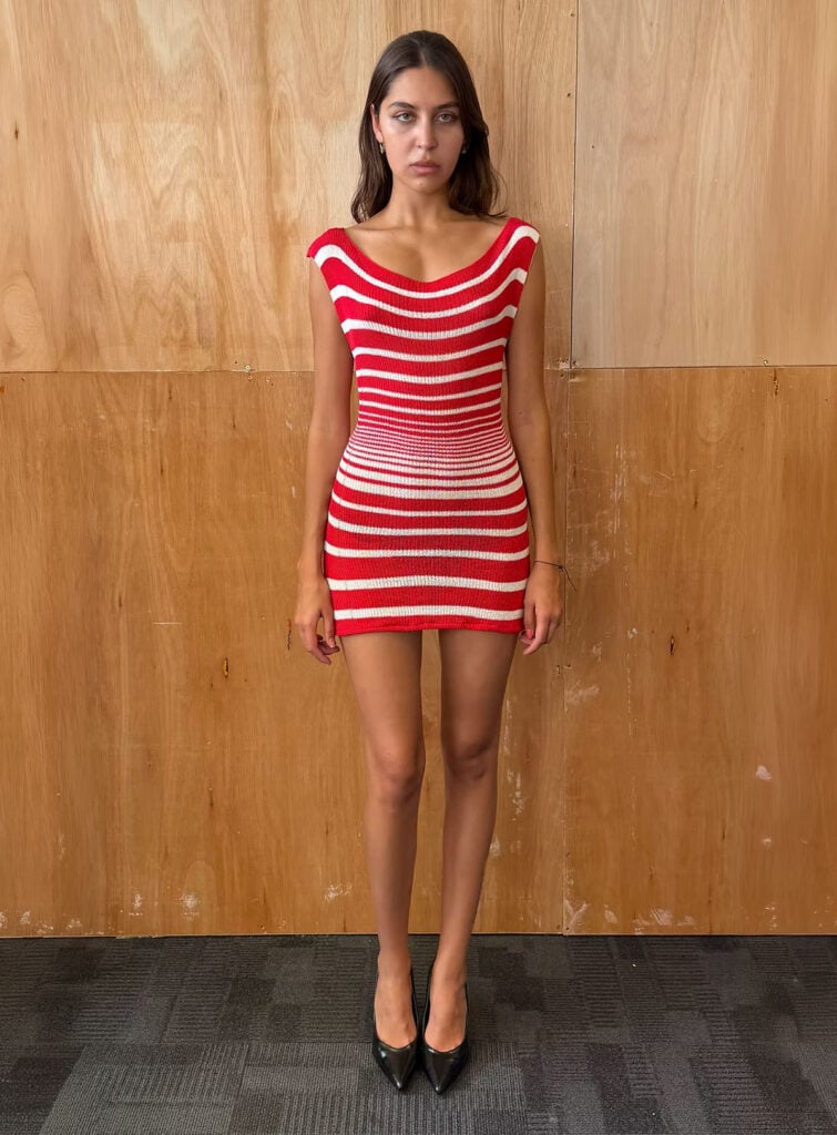 Trochopoulos red-and-white striped knit mini dress from the label's collection.