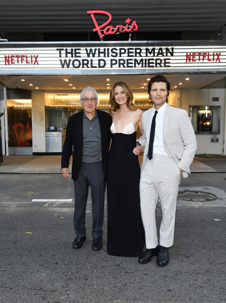 Michelle Monaghan in her Bevza Mermaid Bra dress with Robert De Niro and Adam Scott at The Whisper Man premiere.