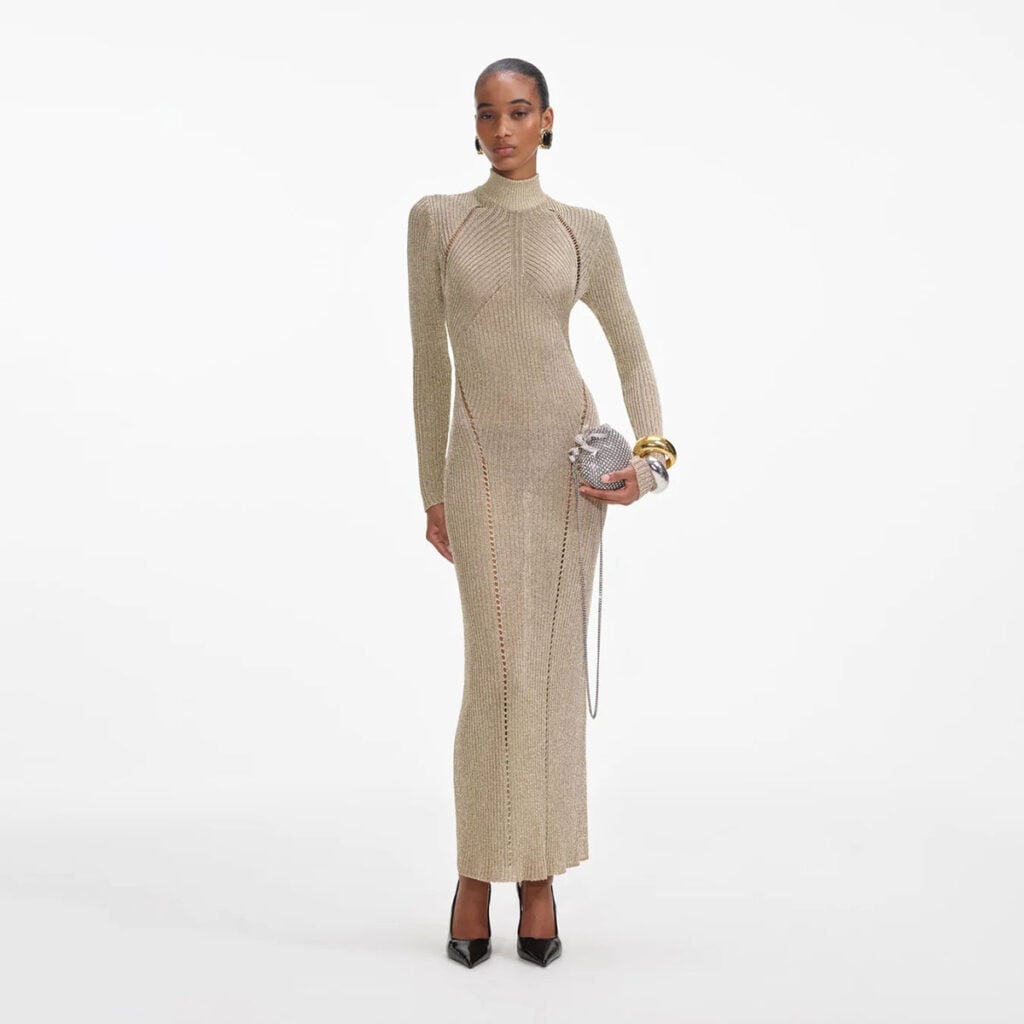 Self-Portrait gold lurex knitted maxi dress shown in the Resort 2025 collection.