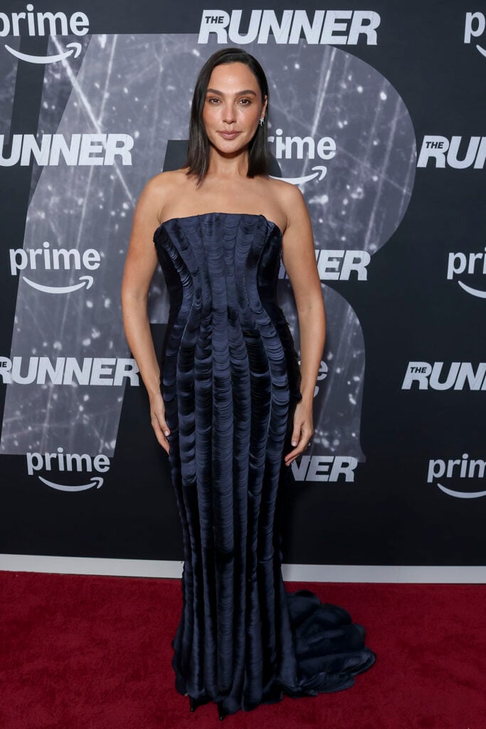 Gal Gadot wears a midnight-blue Danielle Frankel gown to The Runner Los Angeles premiere.
