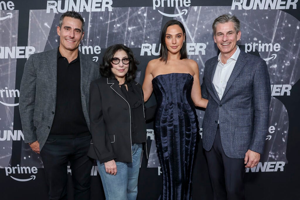Gal Gadot attends Amazon MGM Studios’ The Runner Los Angeles premiere wearing a midnight-blue Danielle Frankel gown.