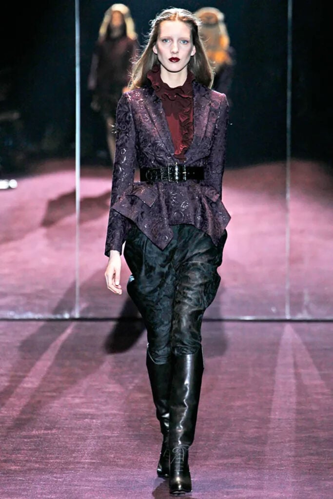 Frida Giannini for Gucci Fall 2012 plum damask jacket and ruffled blouse on the runway