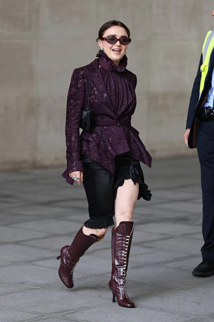 Maisie Williams in archive Gucci arriving at BBC Radio Studios in London to promote ‘Practical Magic 2’