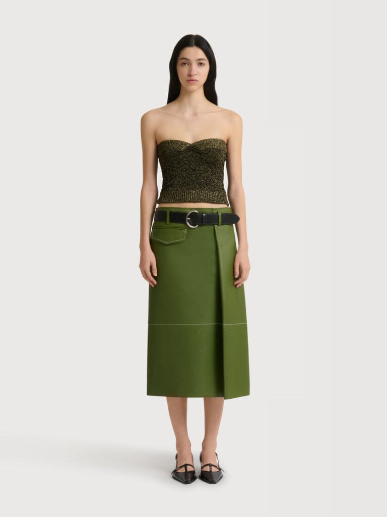 Marni olive-green leather midi skirt with a wrap front and contrasting stitching